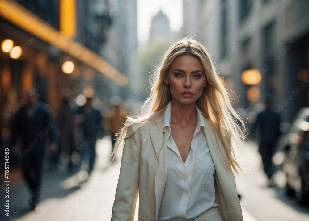 Stylish blond woman walking down a commercial street donned in white attire. Stylish blond woman walking down a commercial street donned in white attire.