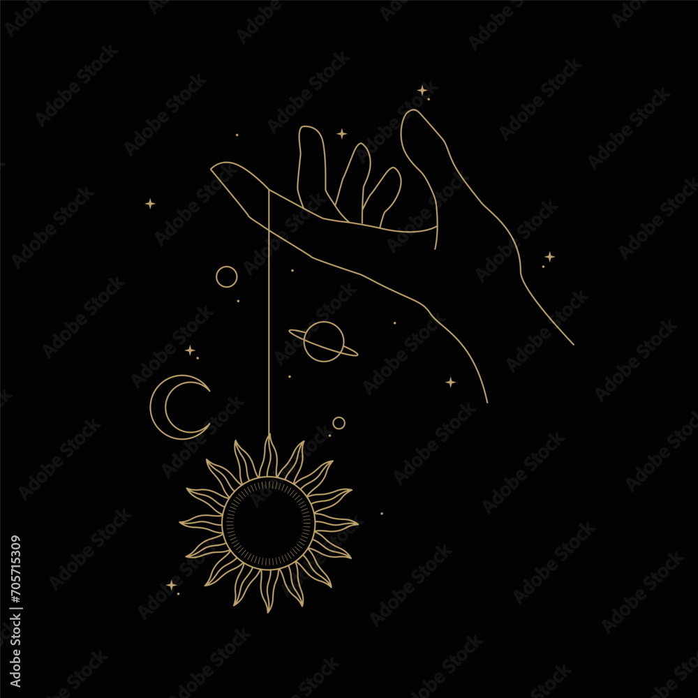 gold hand with abstract moon and sun