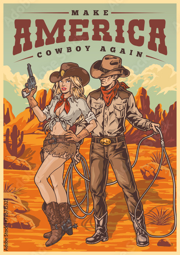 American cowboys vintage poster colorful