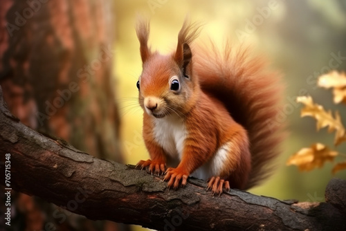 Red squirrel, Sciurus vulgaris, sitting on a tree branch looks around curiously