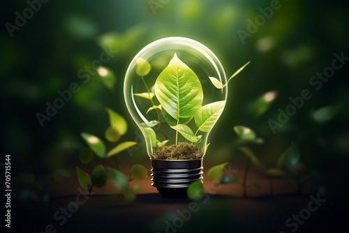 Light bulb with leaves inside, Green energy investment, Eco concept. Generative AI photo