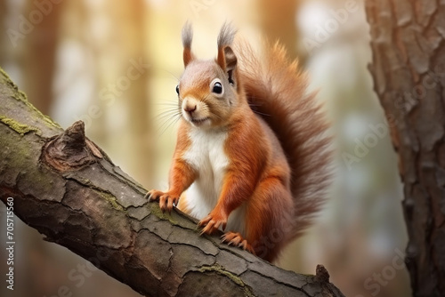 Red squirrel, Sciurus vulgaris, sitting on a tree branch looks around curiously © Robin
