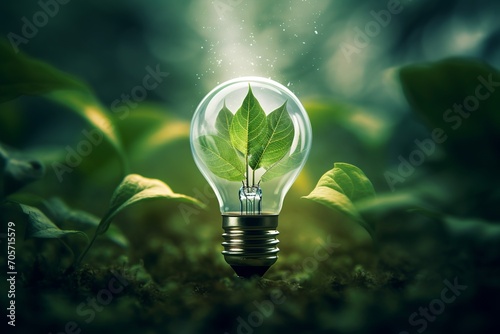Light bulb with leaves inside, Green energy investment, Eco concept. Generative AI