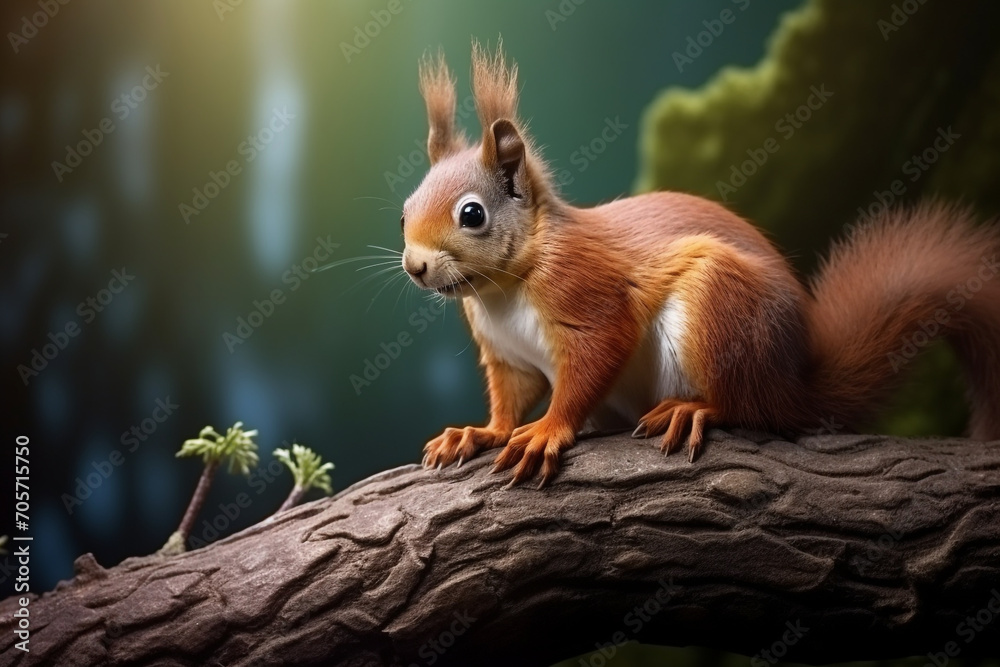 Red squirrel, Sciurus vulgaris, sitting on a tree branch looks around curiously Red squirrel, Sciurus vulgaris, sitting on a tree branch looks around curiously