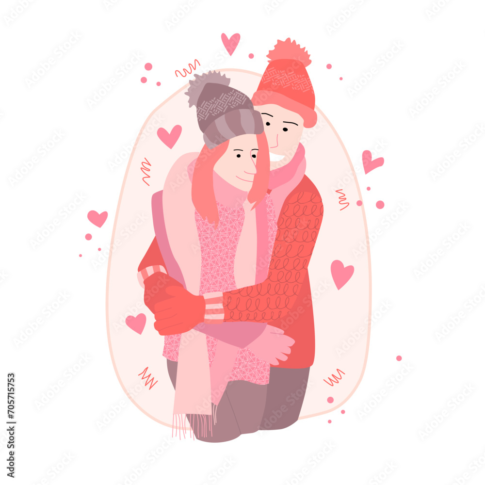 Vector illustration in flat style of loving people hugging in warm sweaters with drawings. Vector illustration for Valentine's Day and Hug Day