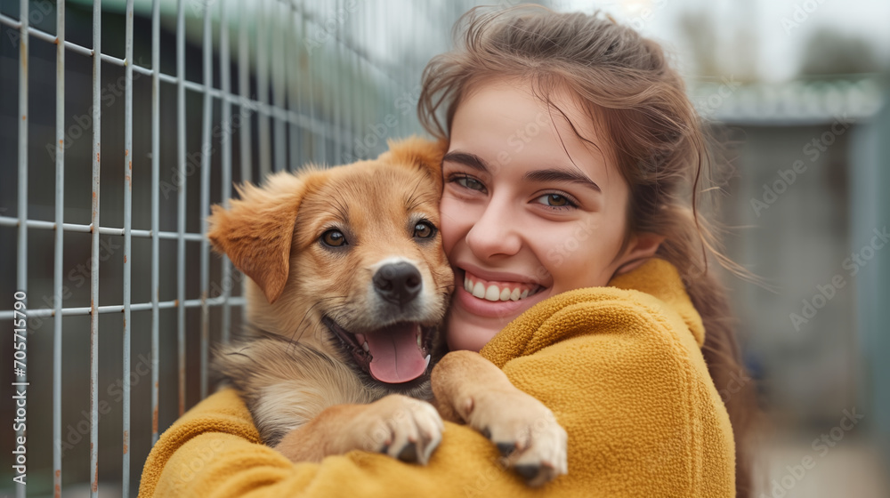 A happy female help adopt a dog from dog rescue shelter. A dog is happy.
A happy female help adopt a dog from dog rescue shelter. A dog is happy.