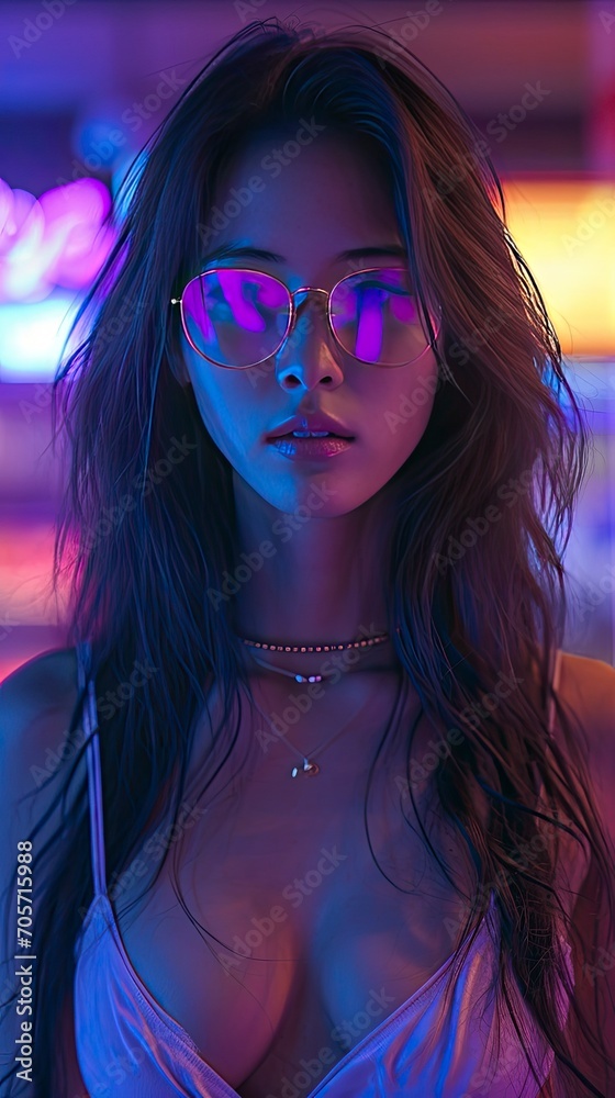A surreal handsome young japonese girl on the street, long black hair, using glasses, full body, retrowave style, - generative ai A surreal handsome young japonese girl on the street, long black hair, using glasses, full body, retrowave style, - generative ai