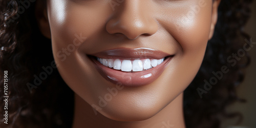 Portrait of the lower face of a young African American woman with perfectly healthy white teeth. Close-up image. Model with well-groomed skin. Dentistry, teeth whitening and treatment, beauty, veneers