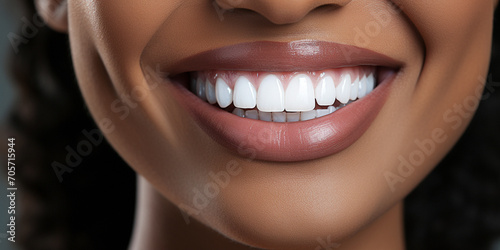 Portrait of the lower face of a young African American woman with perfectly healthy white teeth. Close-up image. Model with well-groomed skin. Dentistry  teeth whitening and treatment  beauty  veneers
