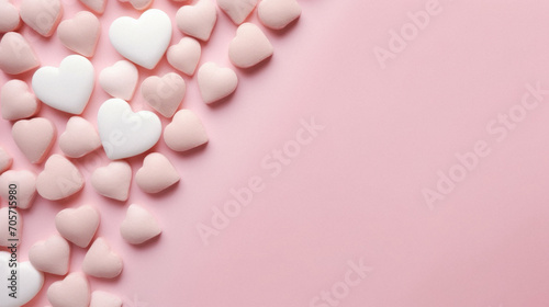 Valentine's day background with white and pink hearts on pink background.