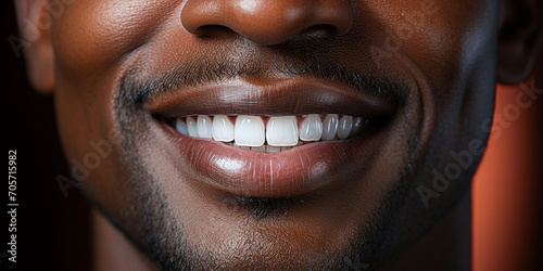 Close-up of a smiling African American young man with perfectly healthy white teeth. Dental care concept, veneers