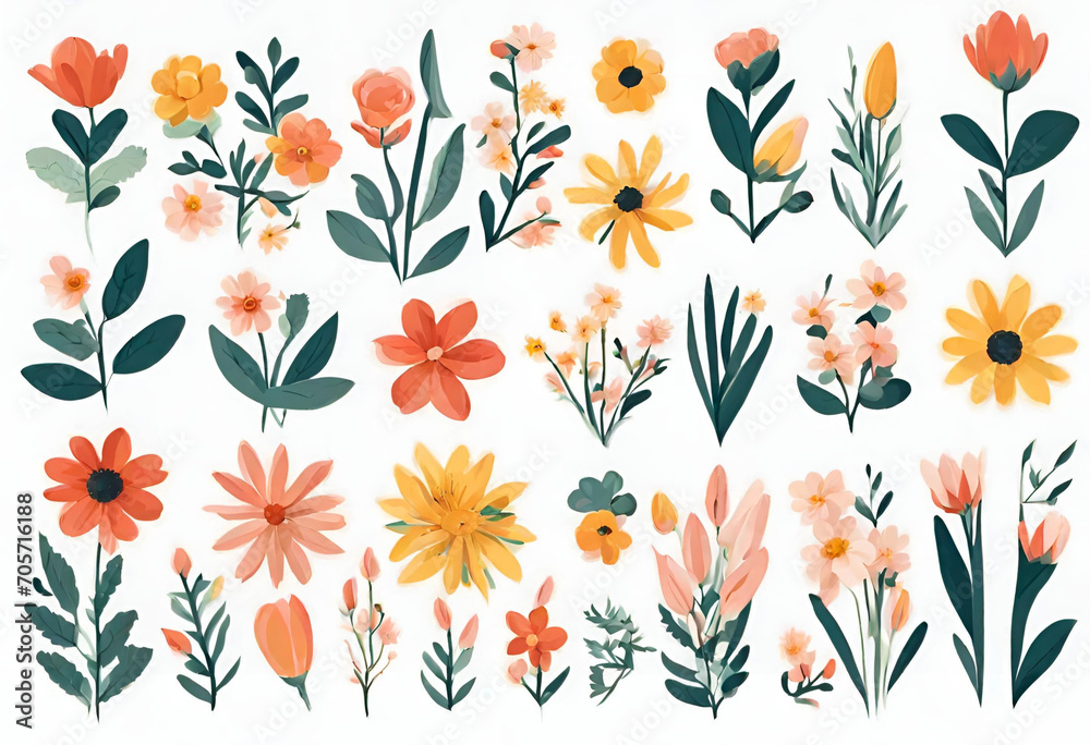 seamless pattern with flowers, isolated background with types of flowers, v1