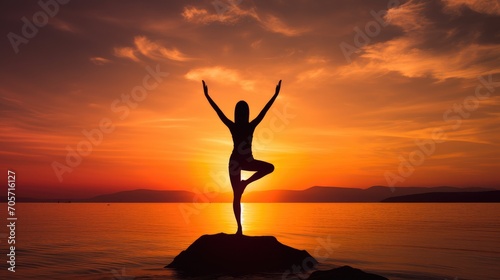 Yoga woman silhouette during sunset, healthy lifestyle concept © Khaligo