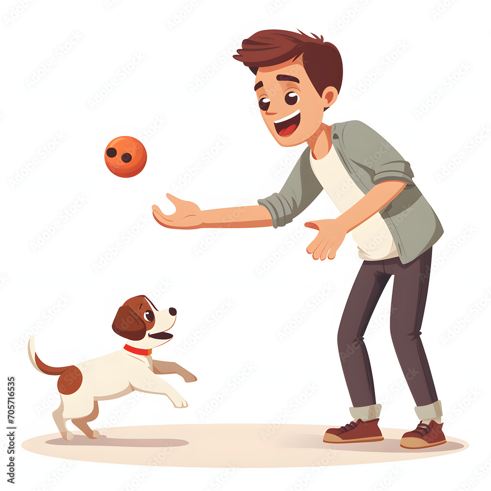 Pet and owner playing fetch isolated on white background, cartoon style, png
