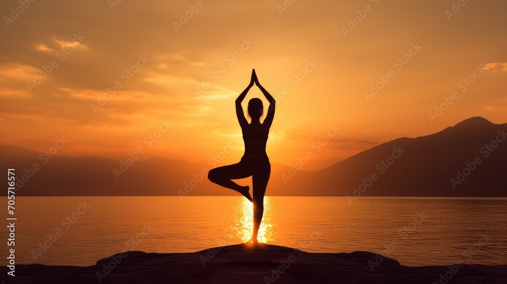 Yoga woman silhouette during sunset, healthy lifestyle concept