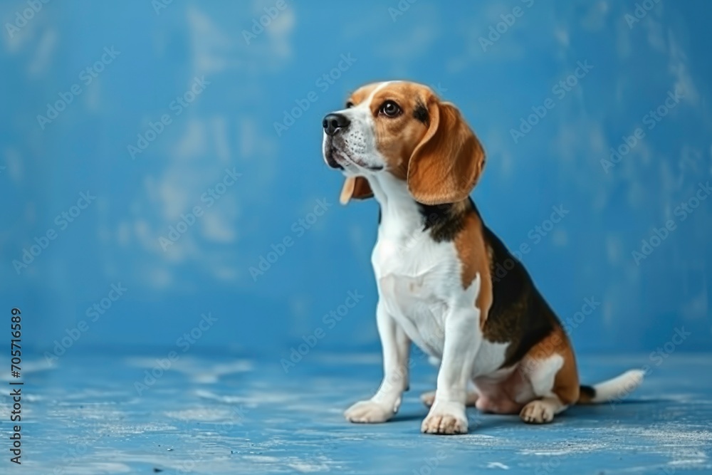 Beagle dog sitting in a blue environment