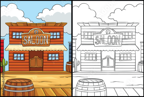 Cowboy Saloon Coloring Page Colored Illustration