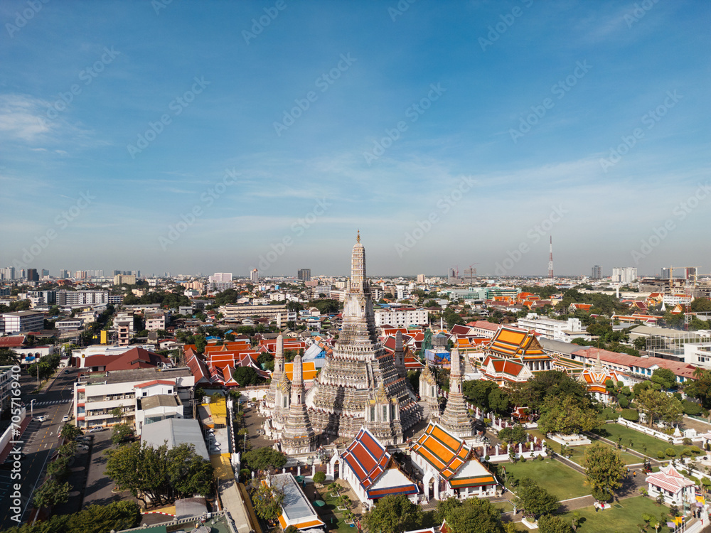 Fototapeta premium Aerial view Pagoda at Wat Arun or Temple of dawn a tourist landmark near Chao Phra Ya river