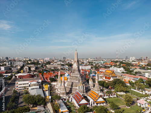 Aerial view Pagoda at Wat Arun or Temple of dawn a tourist landmark near Chao Phra Ya river