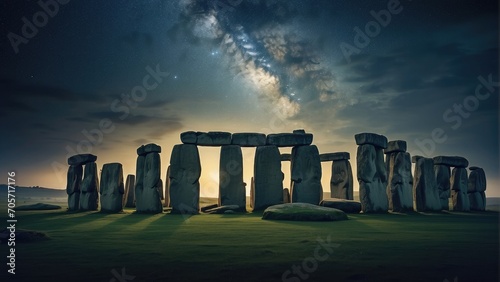 Stonehenge at night with moonlight and stars sky background photo