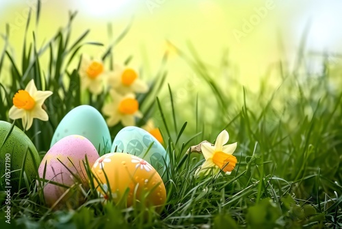 Colorful easter eggs in grass with happy easter background