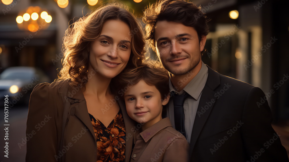 Urban Family Love: Mother, Father, and Son Embraced in the Romantic Glow of Evening Sun with Blurred City Lights in the Background Urban Family Love: Mother, Father, and Son Embraced in the Romantic Glow of Evening Sun with Blurred City Lights in the Background