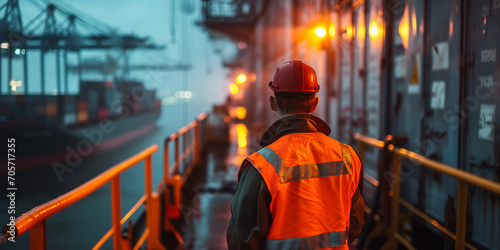 Arbeiter in Warnweste steht am Frachthafen photo