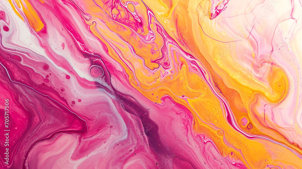 Pink And Yellow Acrylic Texture With Flowing Effect. Liquid Paint Mixing Artwork. Website background, copy paste area for texture