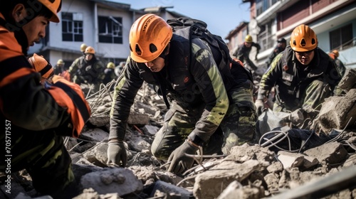 Rescue teams are at the site of the collapsed building damage view. AI generated image