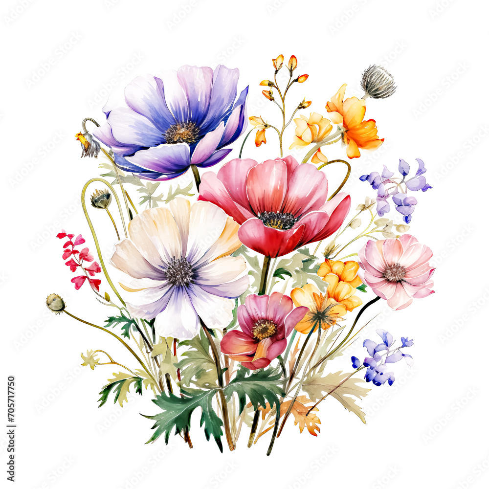 Watercolor Wildflowers Illustration isolated on White Background