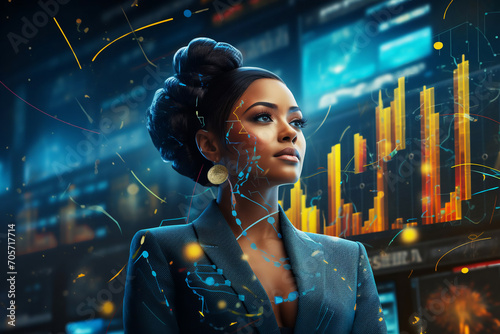 Attractive black woman in a business suit on a futuristic abstract background. Financial consultant, broker, dealer. The concept of a successful career in the financial sector. photo