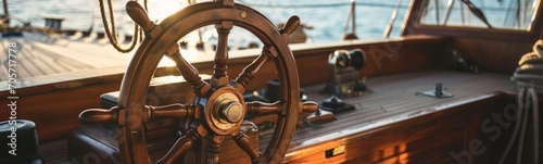 Steering wheel on ship. Banner photo