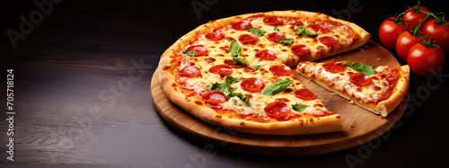 Freshly baked delicious pizza served on a dark wooden table.  Copy space