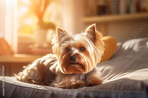 Portrait of older Yorkshire terrier. Small dog is resting on the sofa in apartment in morning sun. Devoted look into the camera, real emotions of pet. Yorkshire Terrier with on-classic haircut. © Galina