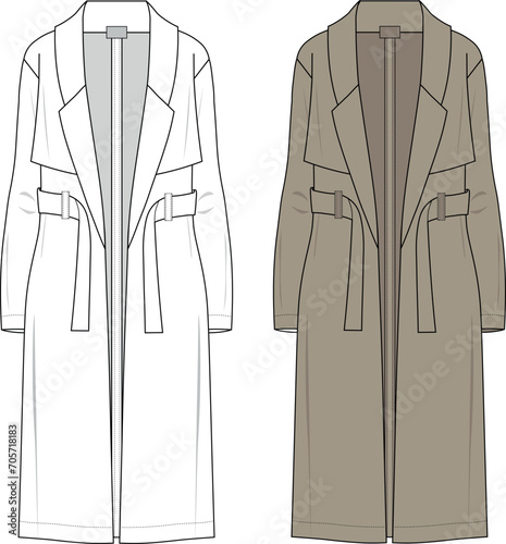 UNISEX WEAR LONG TRENCH ROBE COAT. Technical sketch woman trench coat. Trench coat technical fashion illustration with belt, double breasted, fitted, long sleeves, knee length, storm flap.  photo