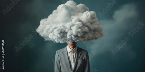 A man with his head in a cloud. Theme of depression, loneliness and mental health. Generative AI