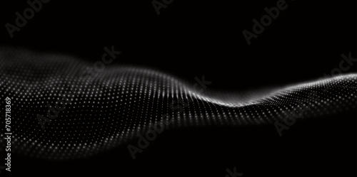 Dynamic white particle wave. Abstract sound visualization. Flow digital structure. Mesh landscape or grid data technology.