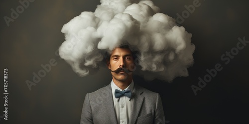A man with his head in a cloud. Theme of depression, loneliness and mental health.