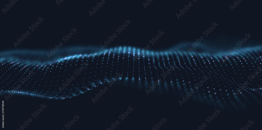 Abstract blue particle background. Flow wave with dot landscape. Digital data structure. Future mesh or sound grid. Pattern point visualization. Technology vector illustration. - obrazy, fototapety, plakaty 