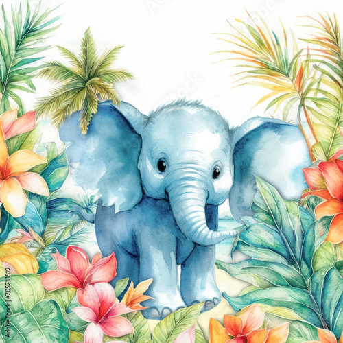 Cute little elephant cartoon illustration isolated on white. Watercolor safari animal. Baby elephant, hand drawn watercolor for print, package, postcard, brochure, book © Happy Lab