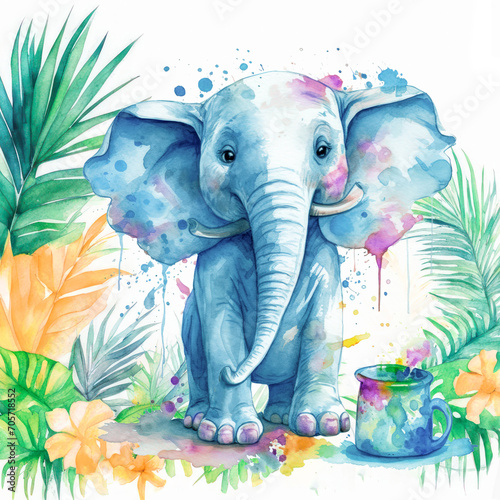 Cute little elephant cartoon illustration isolated on white. Watercolor safari animal. Baby elephant, hand drawn watercolor for print, package, postcard, brochure, book