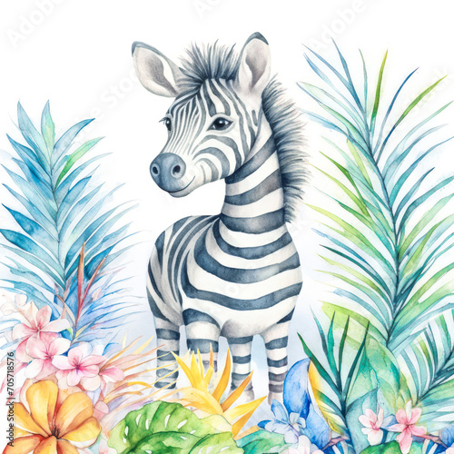 Cute little zebra cartoon illustration isolated on white. Watercolor safari animal Illustration. Baby zebra  hand drawn watercolor for print  package  postcard  brochure  book