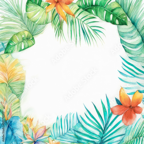 Hand drawn watercolor tropic flowers border. Summertime lovely floral element illustration, mockup. Trendy colourful summer background. For print, cloth, package, postcard, brochure, book