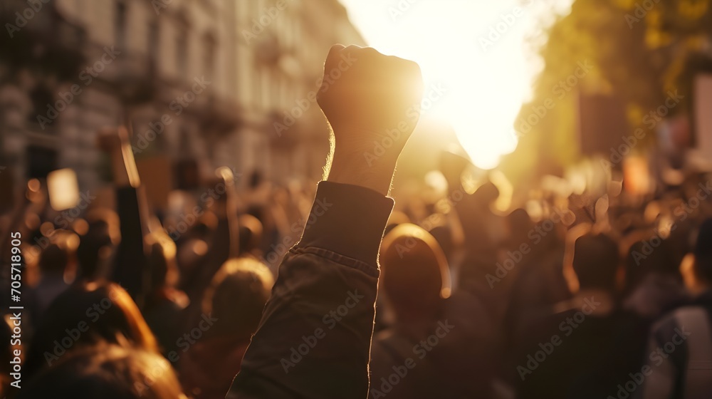 View of non-violent protesters with their fist raised - obrazy, fototapety, plakaty 