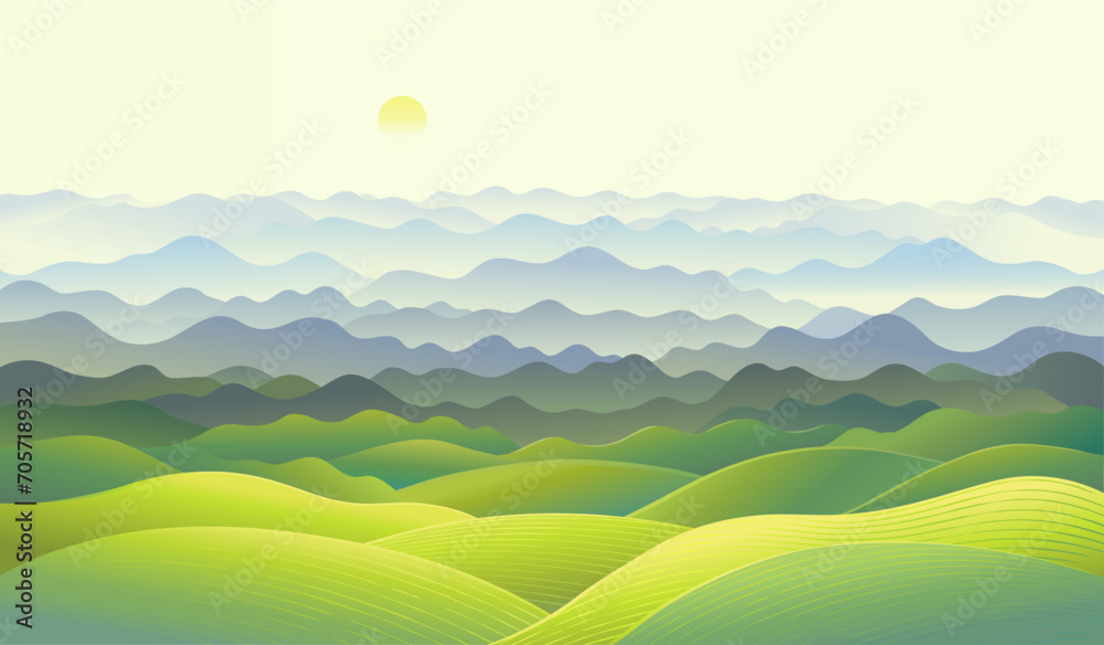 Hilly landscape with a panorama of mountain ranges in the fog. Vector illustration.