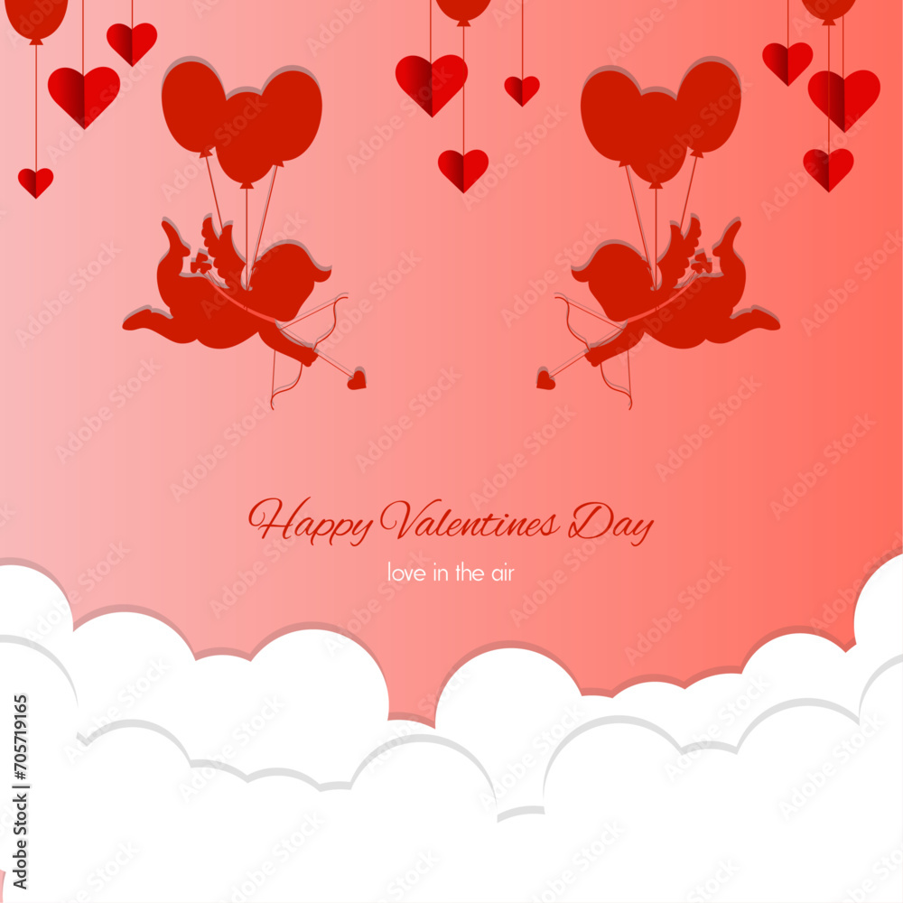 Happy  Valentine's day with cupids, clouds and heart balloons, happy love day