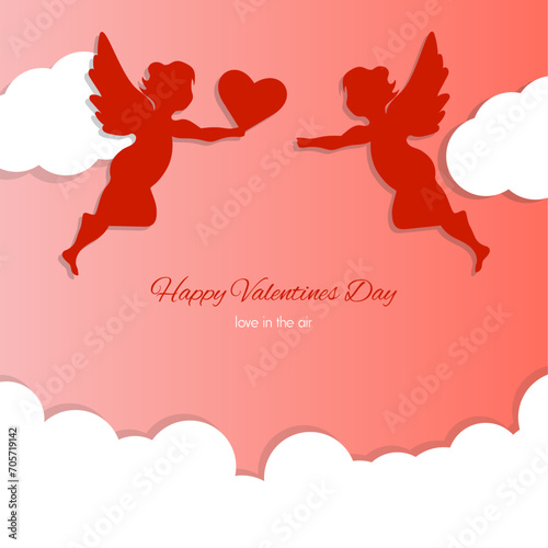 Happy  Valentine's day cupids sharing love, clouds around, happy love day