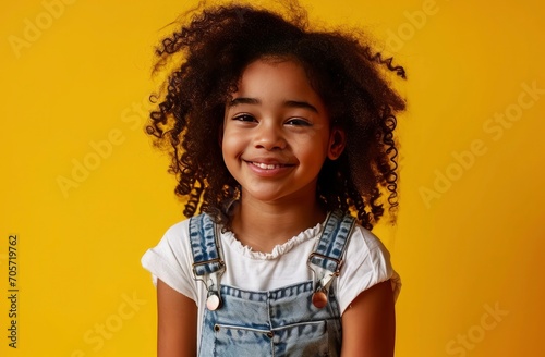 Portrait of happy little girl with smiling isolated on yellow background