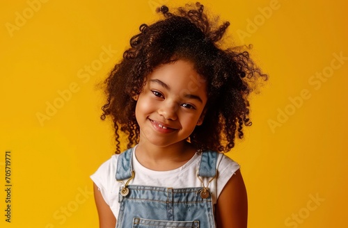Portrait of happy little girl with smiling isolated on yellow background