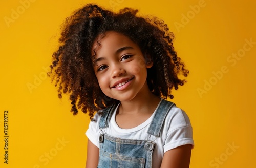 Portrait of happy little girl with smiling isolated on yellow background © MdImam
